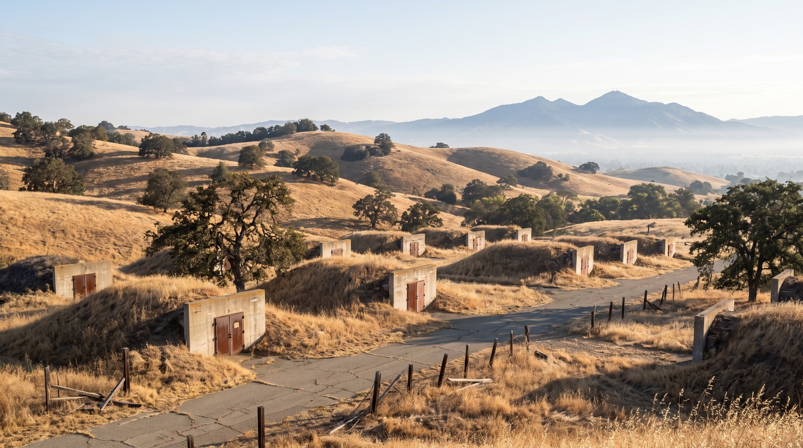 Grass-covered bunkers on the former Concord Naval Weapons Station below Mount Diablo, focus of a newly signed housing bill.
