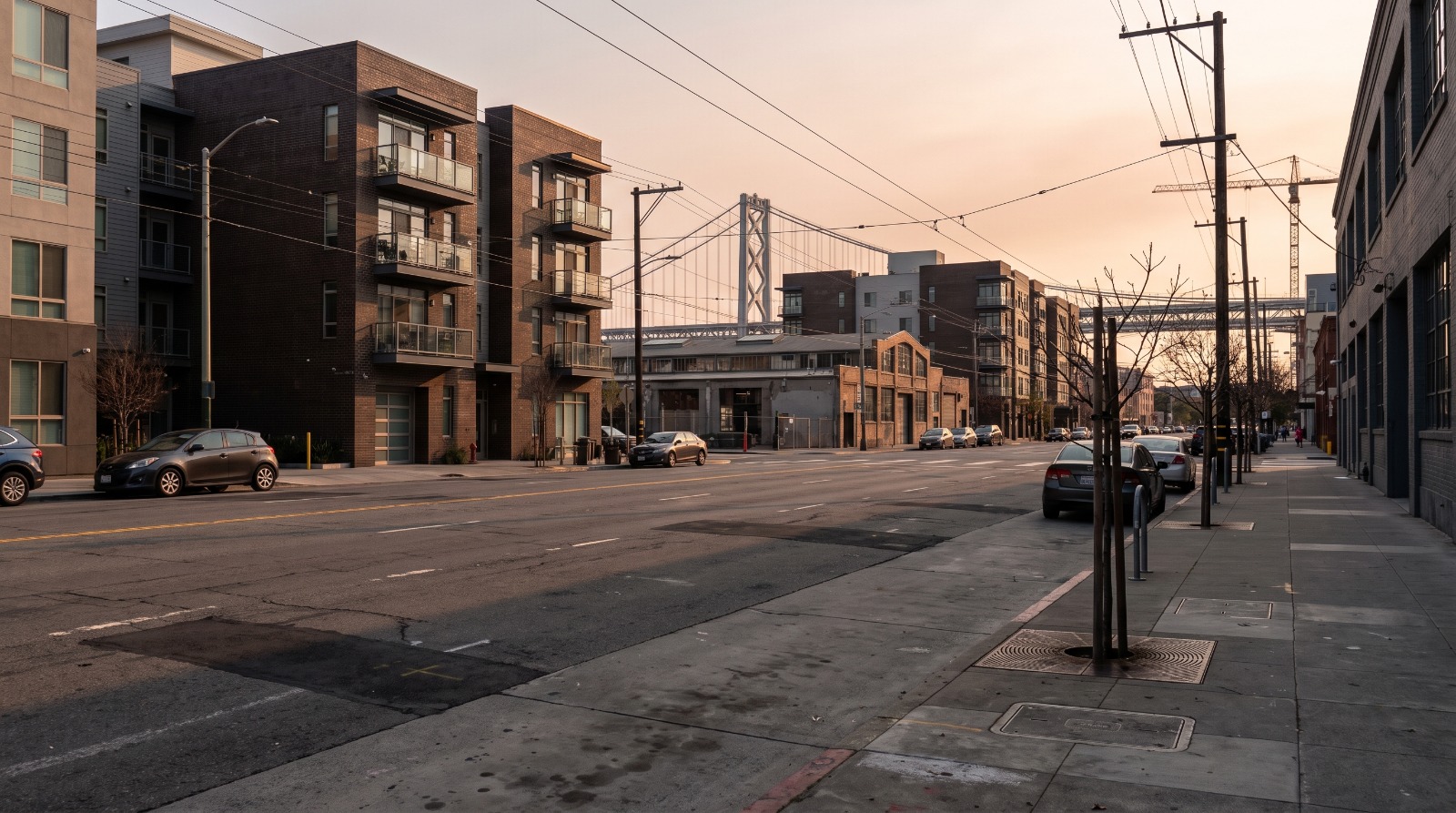 A South of Market street in San Francisco at sunset with mid-rise apartment buildings and the Bay Bridge in the distance.