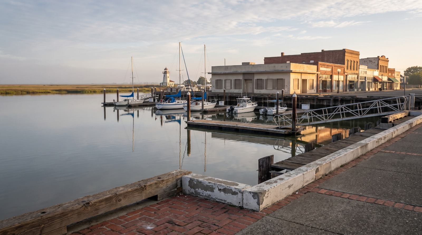 Morning view along the Suisun City waterfront promenade toward the marina and the old Main Street storefronts, the downtown block where California Forever now owns property.