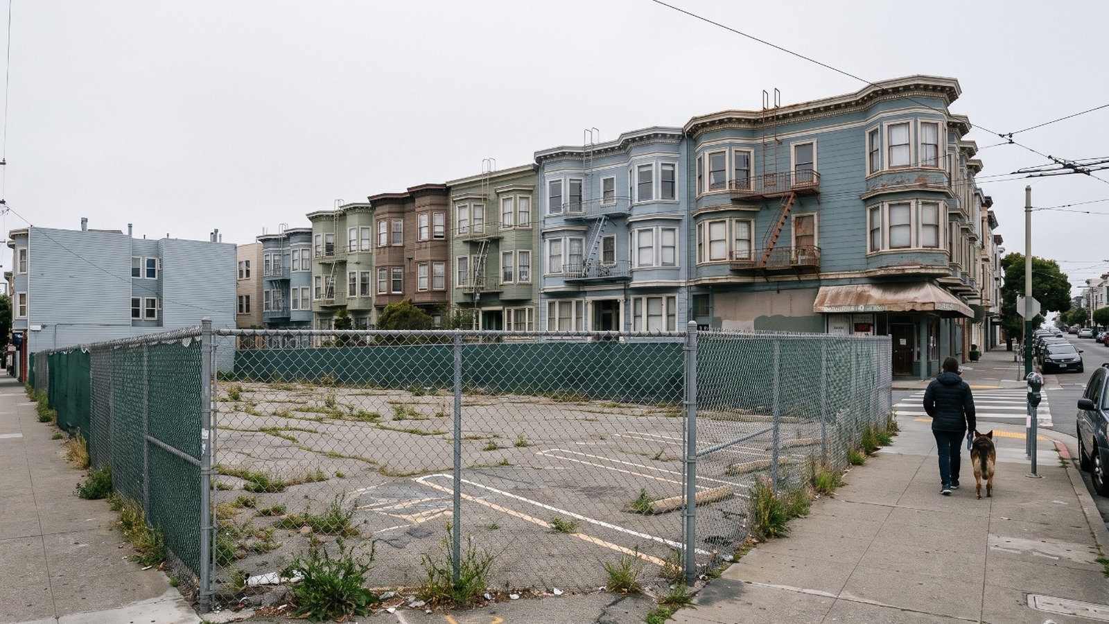 The vacant fenced lot at 400 Divisadero in San Francisco, the former car wash site approved for 203 apartments.