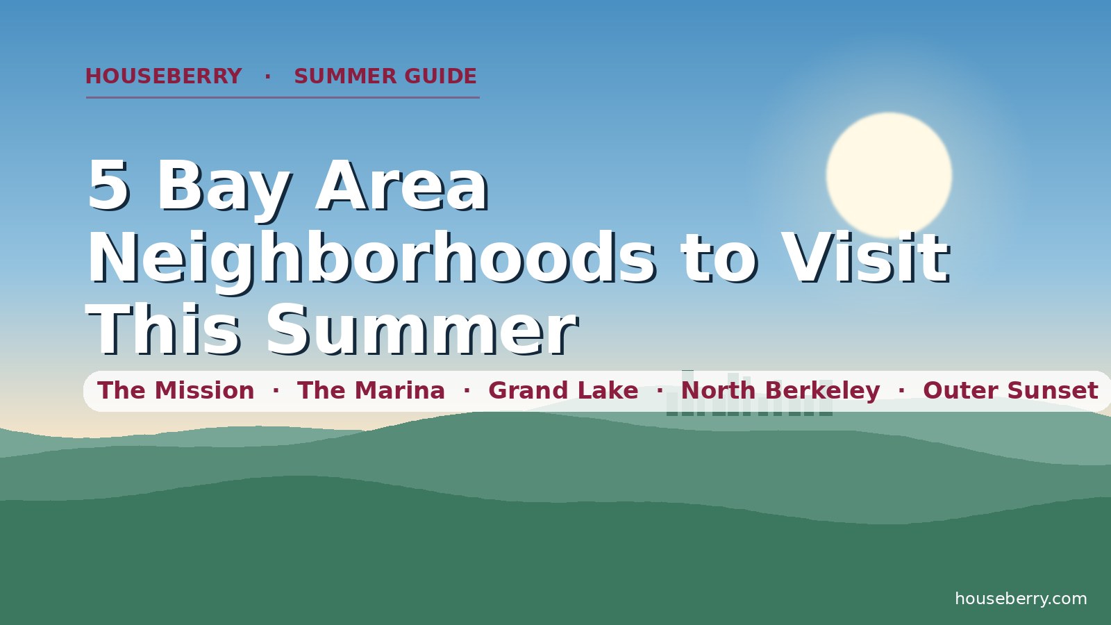 A sunny summer afternoon at a Bay Area neighborhood park with a distant city skyline, evoking neighborhoods to visit in summer