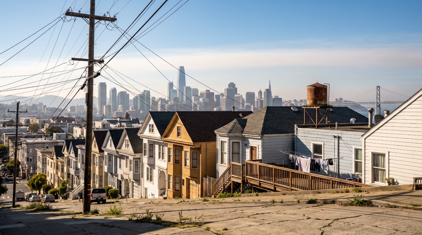 View northeast from a steep Potrero Hill street in San Francisco over Victorian rooftops toward the downtown skyline and Bay Bridge