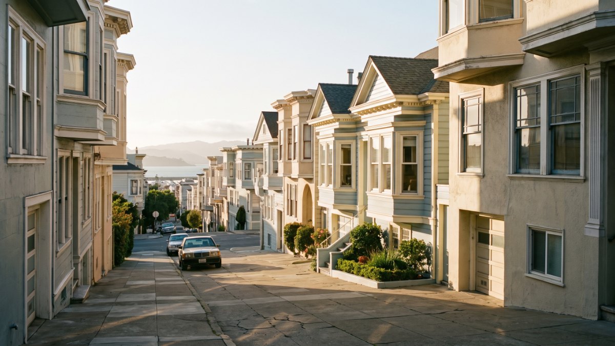 A steep Pacific Heights street of San Francisco single-family homes, in a 2026 market where San Francisco homes over asking have surged.