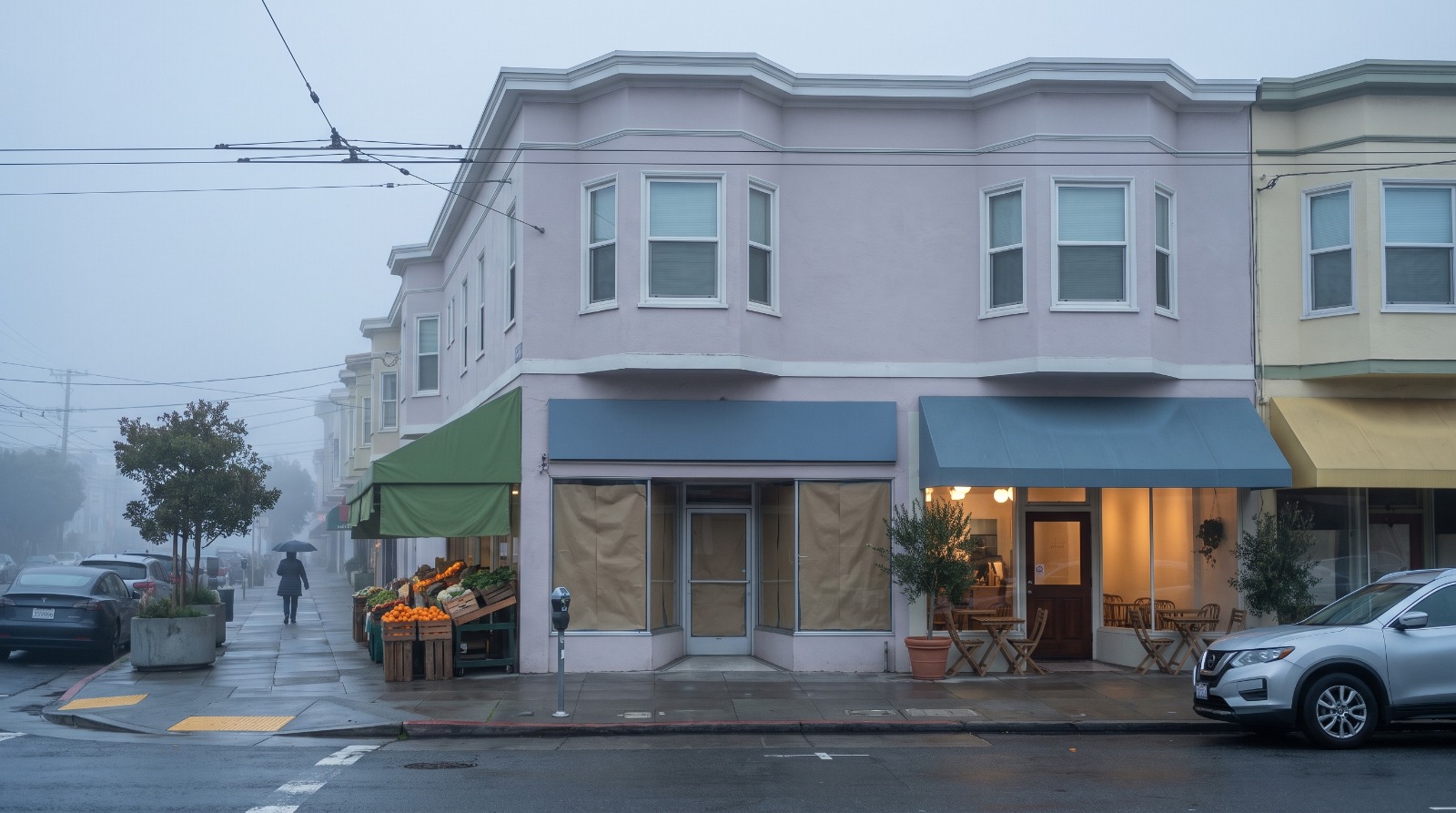 AI-rendered foggy block of Sunset District storefronts in San Francisco with an empty papered shop next to a newly opened cafe