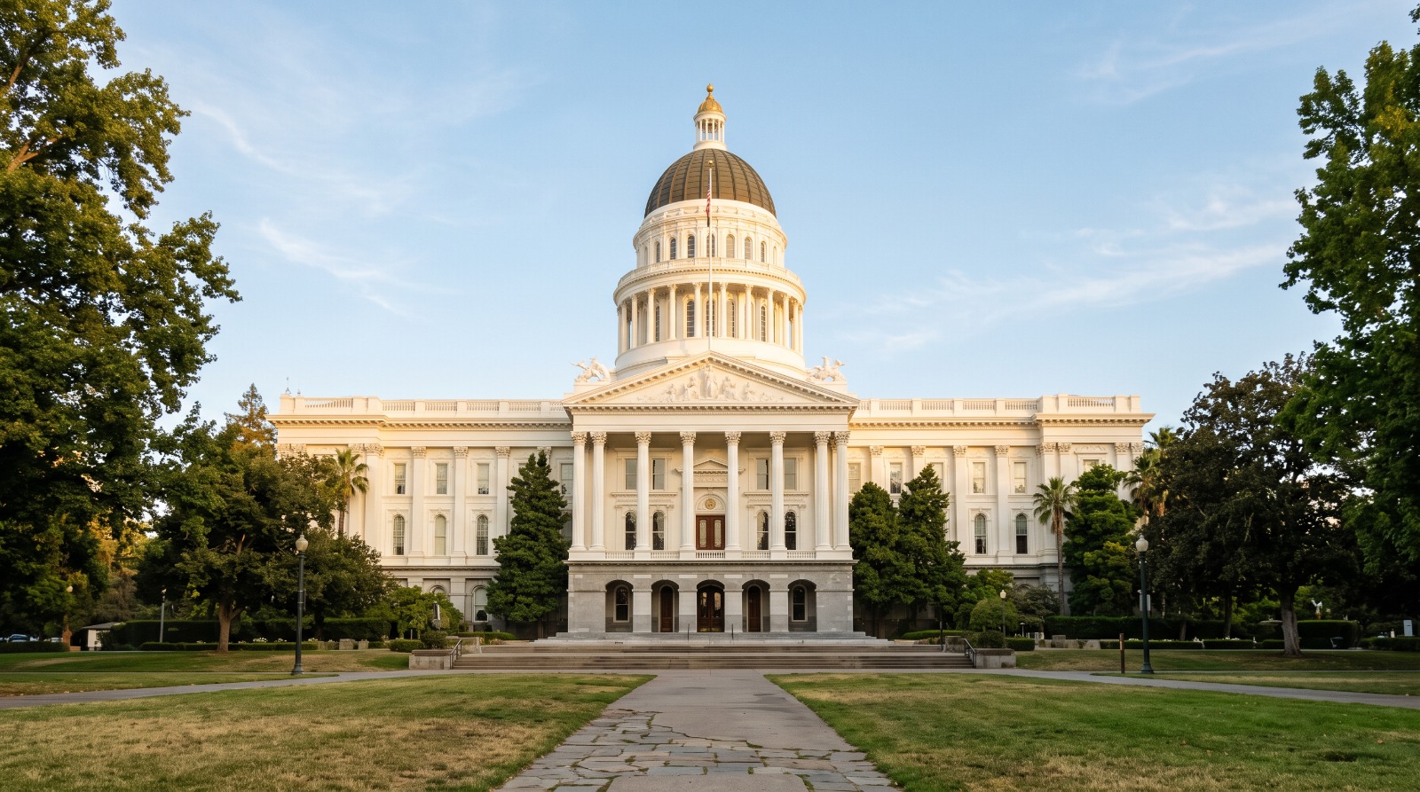 The California State Capitol in Sacramento seen across the lawn of Capitol Park in late afternoon light.