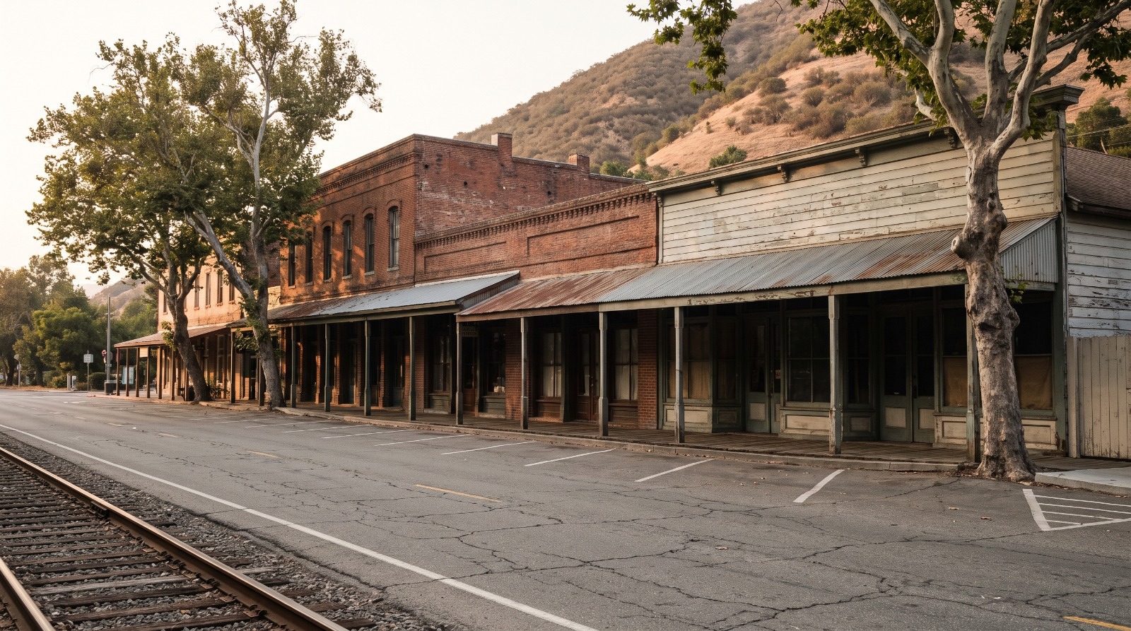 Historic brick storefronts and a freight rail line along Niles Boulevard in the Niles district of Fremont, California