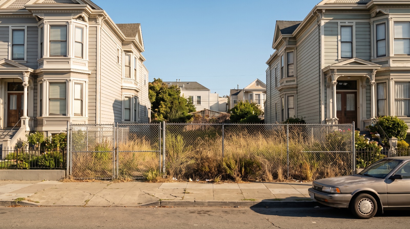 A fenced, weedy vacant lot on a West Oakland block lined with Victorian homes, subject to the Oakland vacancy tax.