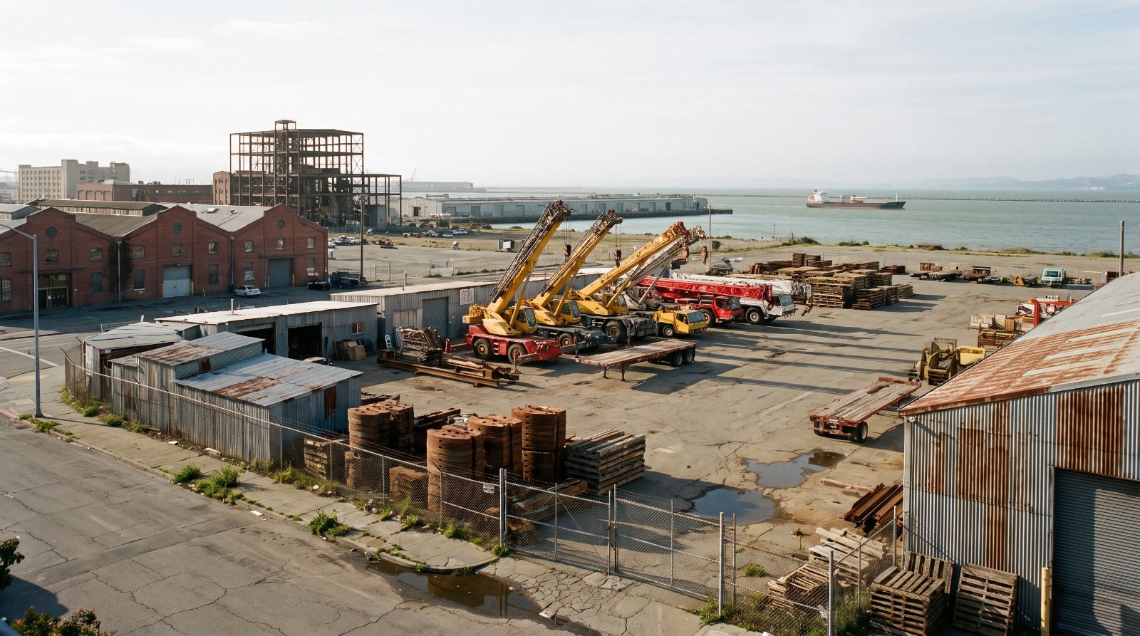 Industrial crane yard and warehouses on the Dogpatch waterfront near 1215 Michigan Street in San Francisco.