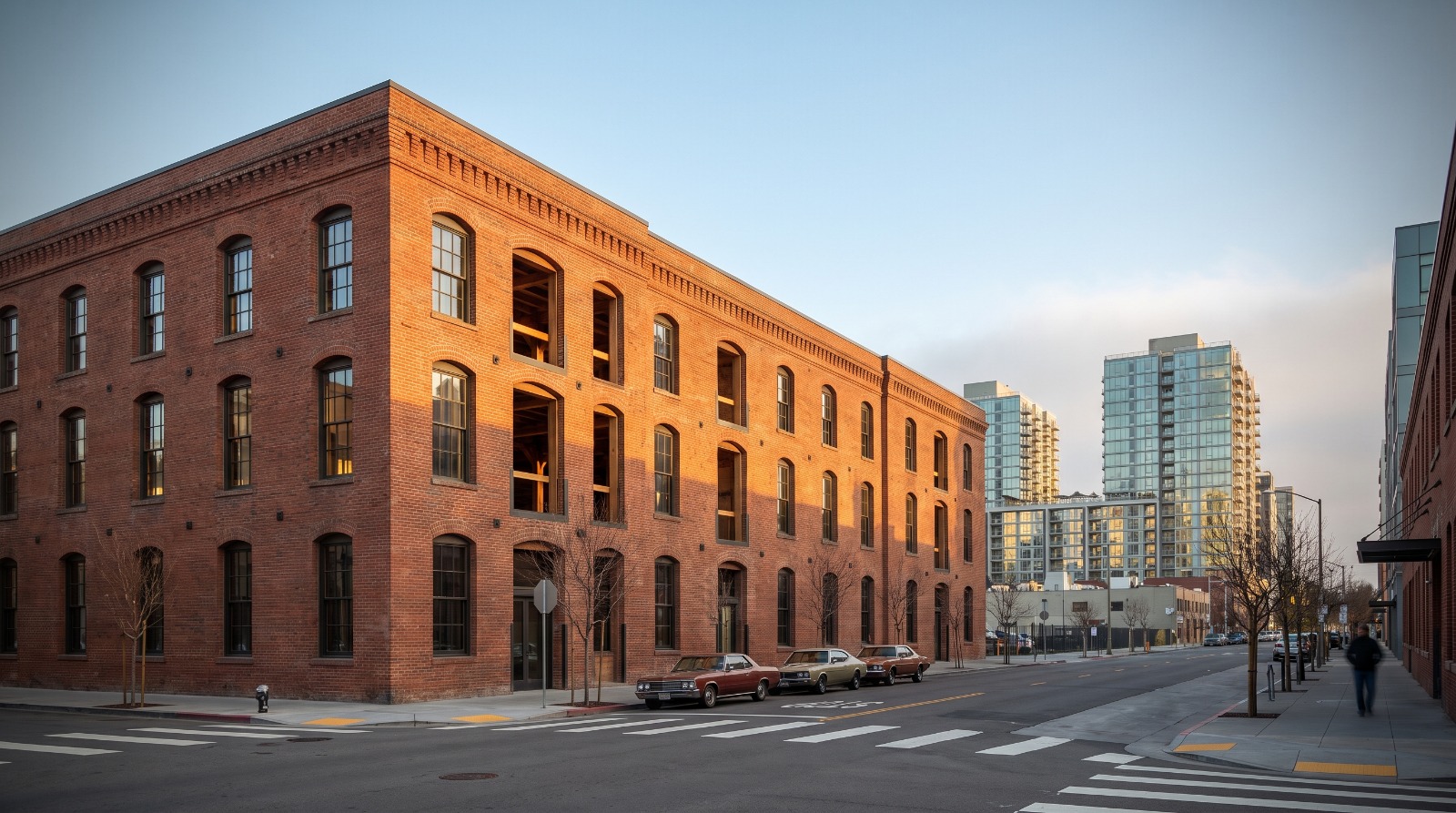 Restored brick office building on Townsend Street in SoMa with South Beach condo towers behind it