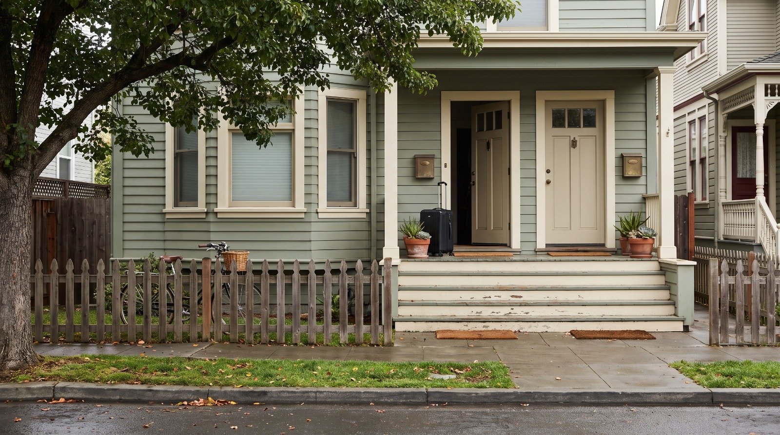 A two-unit Colonial Revival flat in Alameda's East End with a suitcase on the porch, the kind of property the short-term rental ordinance covers.