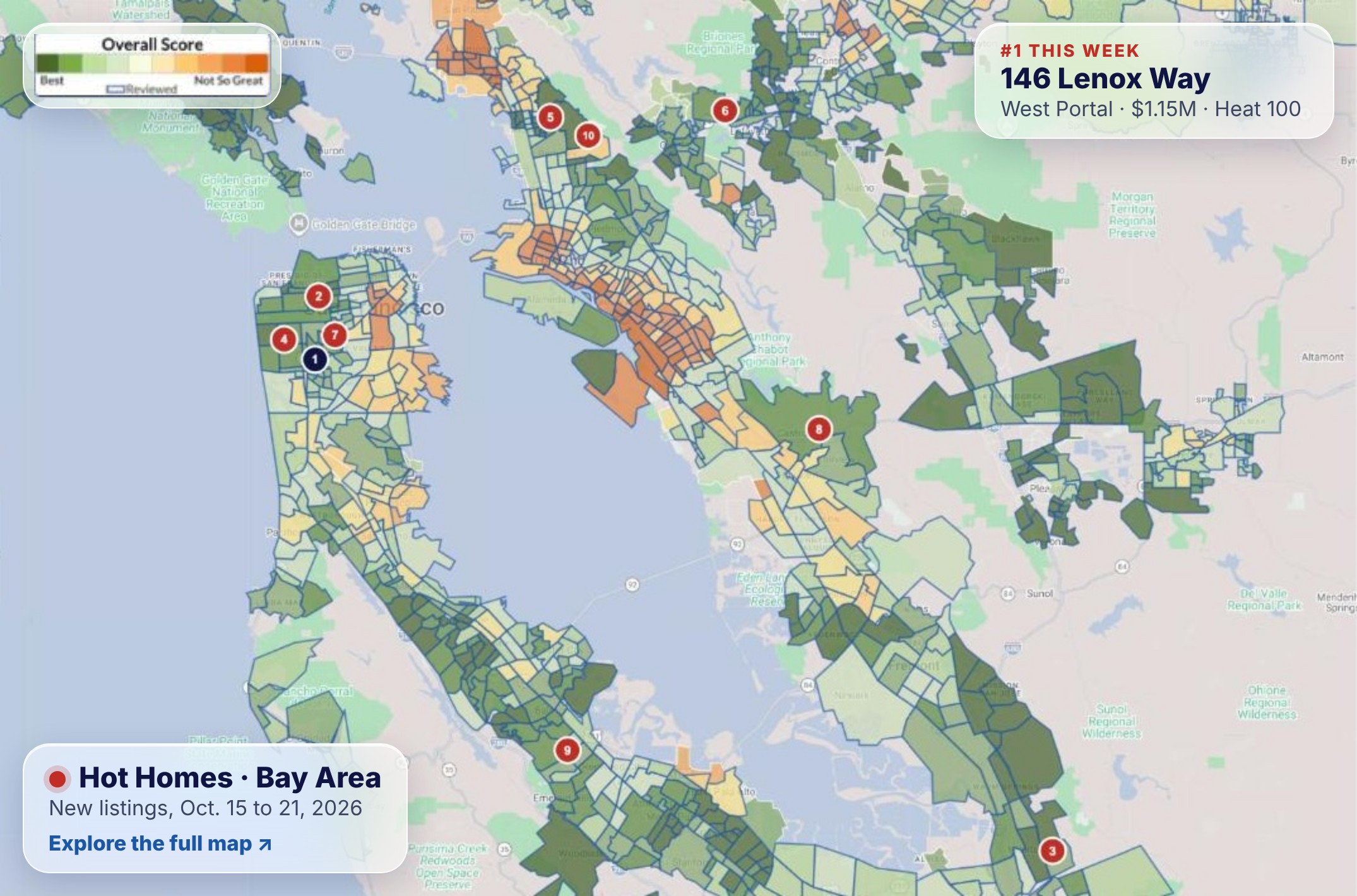 Houseberry map of Bay Area neighborhood Overall Scores with this week's 10 hottest new listings pinned, led by 146 Lenox Way in West Portal