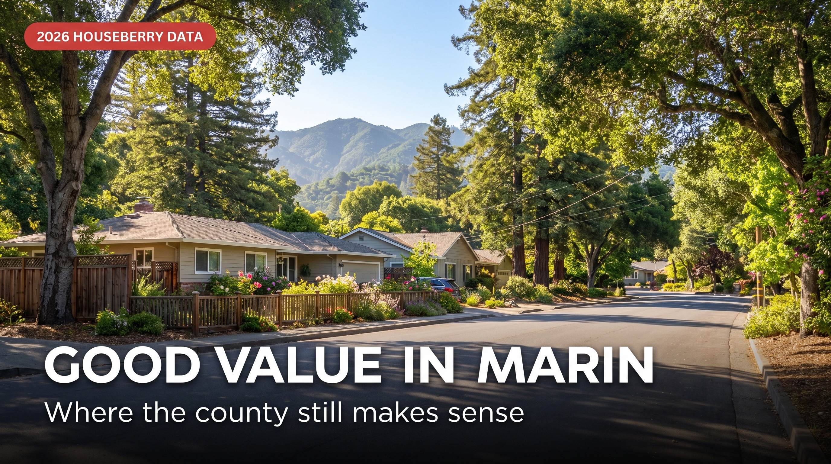 Wooded Marin County residential street with Mount Tamalpais behind, illustrating affordable Marin neighborhoods for 2026.