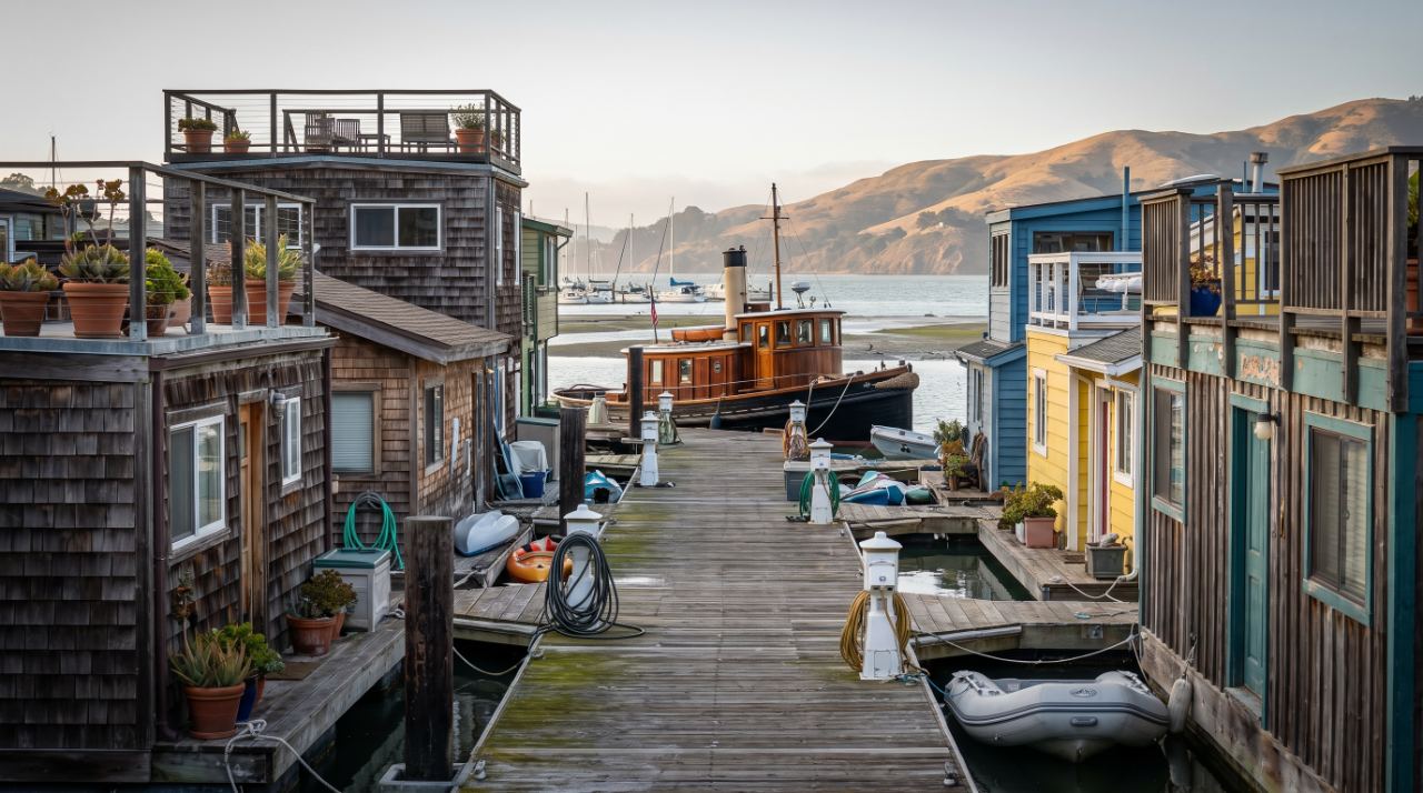 Floating homes lining the South 40 Dock at Waldo Point Harbor in Sausalito on Richardson Bay