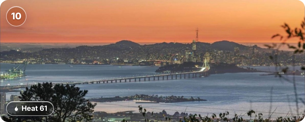 Listing photo for 1488 Summit Rd in the Berkeley Hills, a sunset view across the bay to San Francisco, ranked tenth with a Heat score of 61