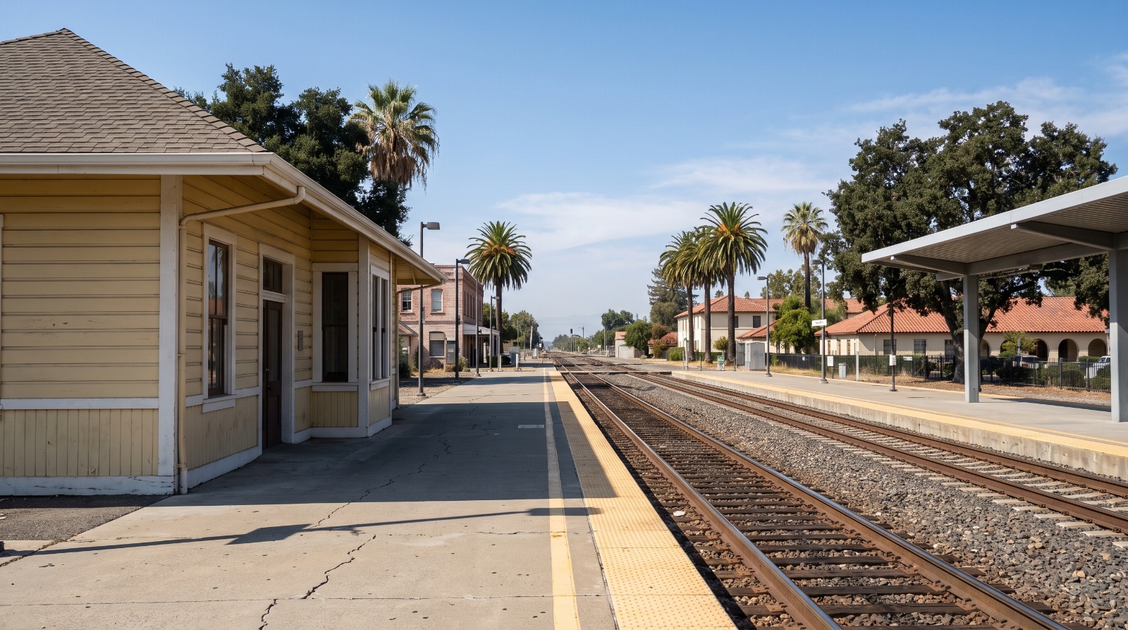 Santa Clara Caltrain station platform and historic depot, the site across the tracks from the proposed University Station homes at 451 El Camino Real.