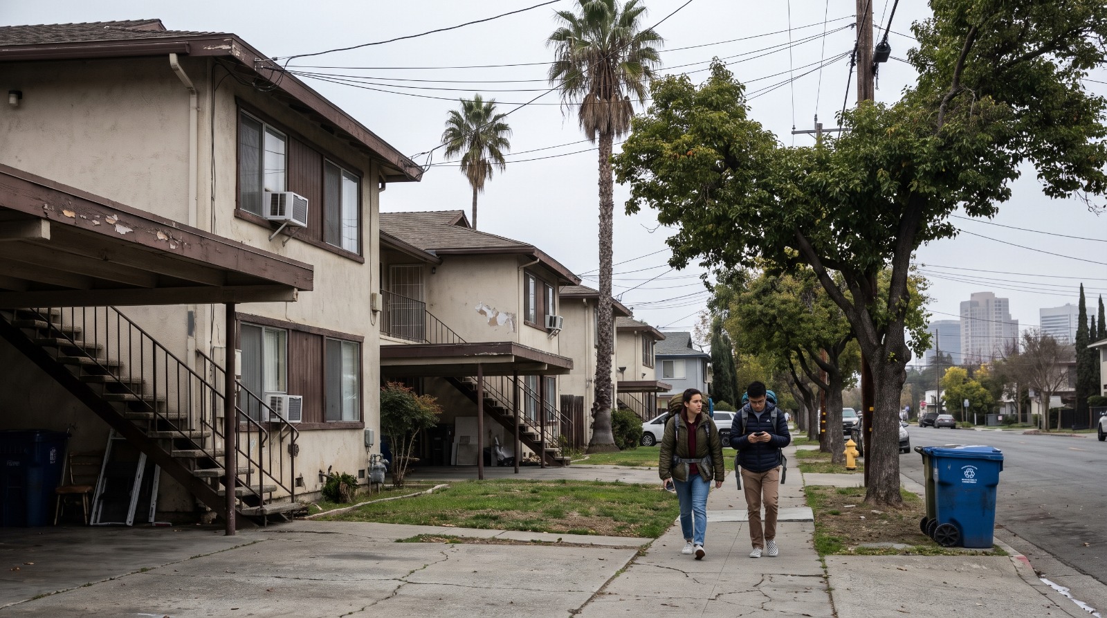 Students walking past older apartment buildings near downtown San Jose, where the Bay Area student housing crunch is hitting hardest.
