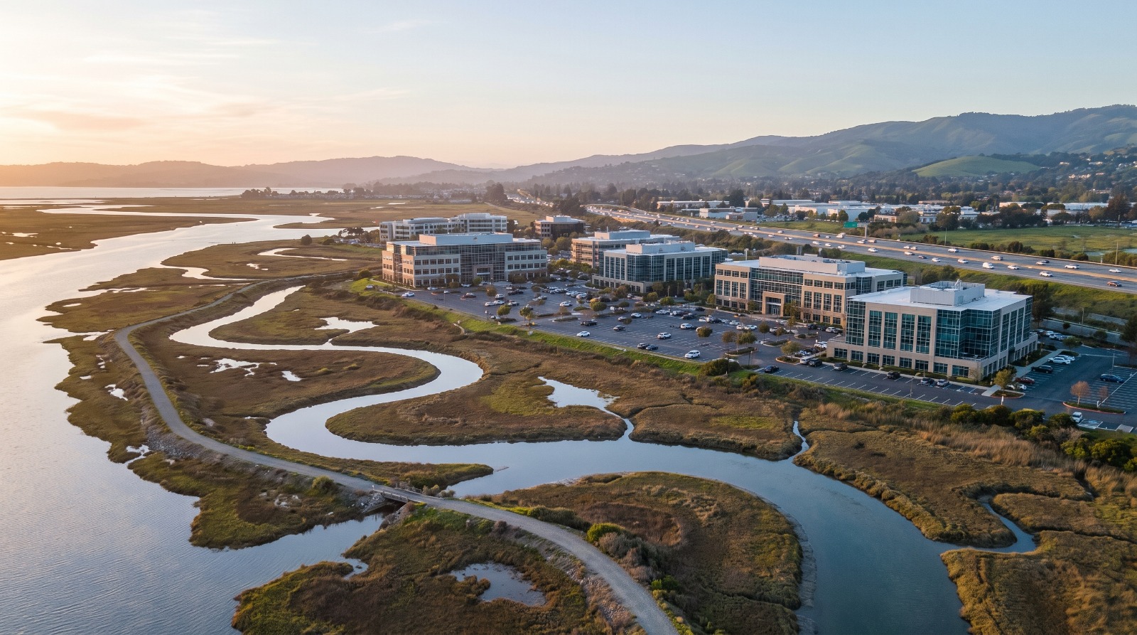 Aerial view of the Belmont Slough and the bayside office campus on the Belmont and Redwood City line where the Island Parkway housing project is proposed.