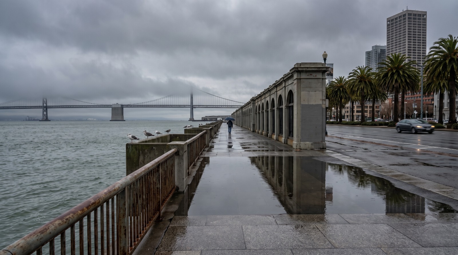 AI-rendered view of the wet Embarcadero Promenade and seawall in San Francisco after rain, looking toward the Bay Bridge
