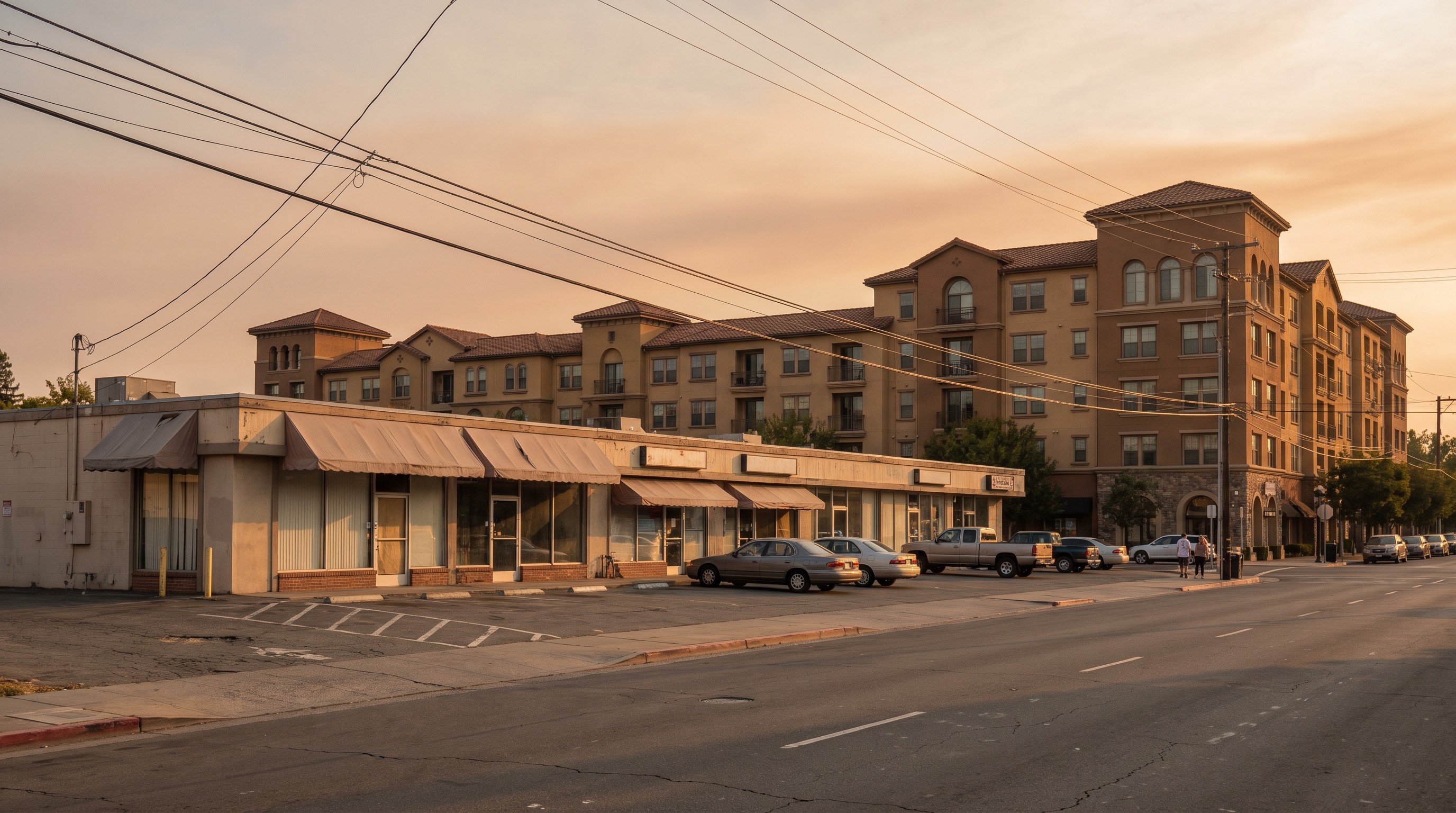 One-story storefronts on Winchester Boulevard near Santana Row, where San Jose General Plan zoning changes could allow eight-story housing.