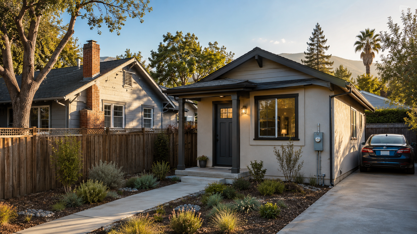 A small newly built detached backyard cottage with its own private entrance and driveway in San Jose, illustrating California's first ADU condo sale.