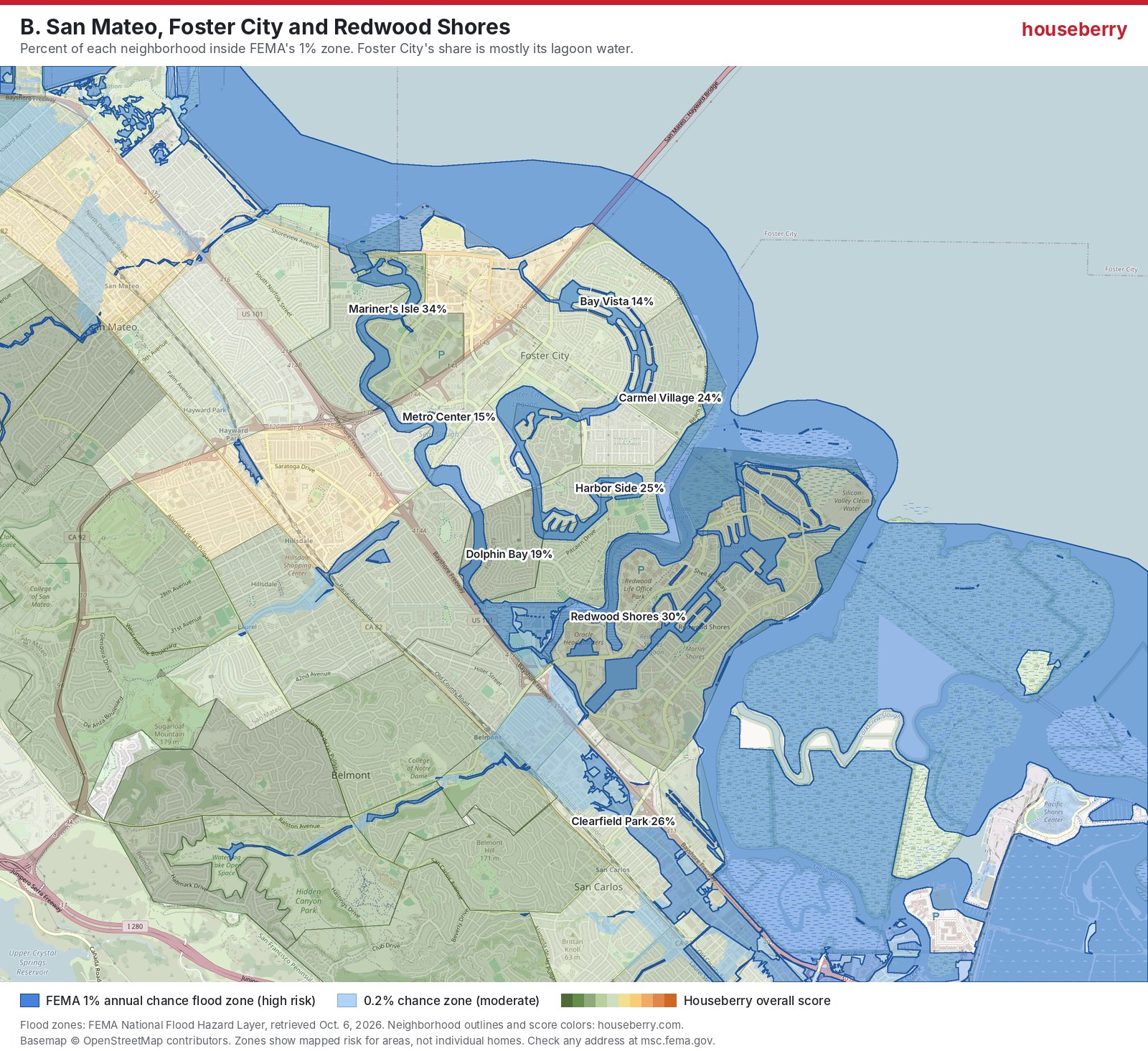 Flood zone map of San Mateo, Foster City and Redwood Shores showing FEMA zones mostly in lagoons and along the shoreline