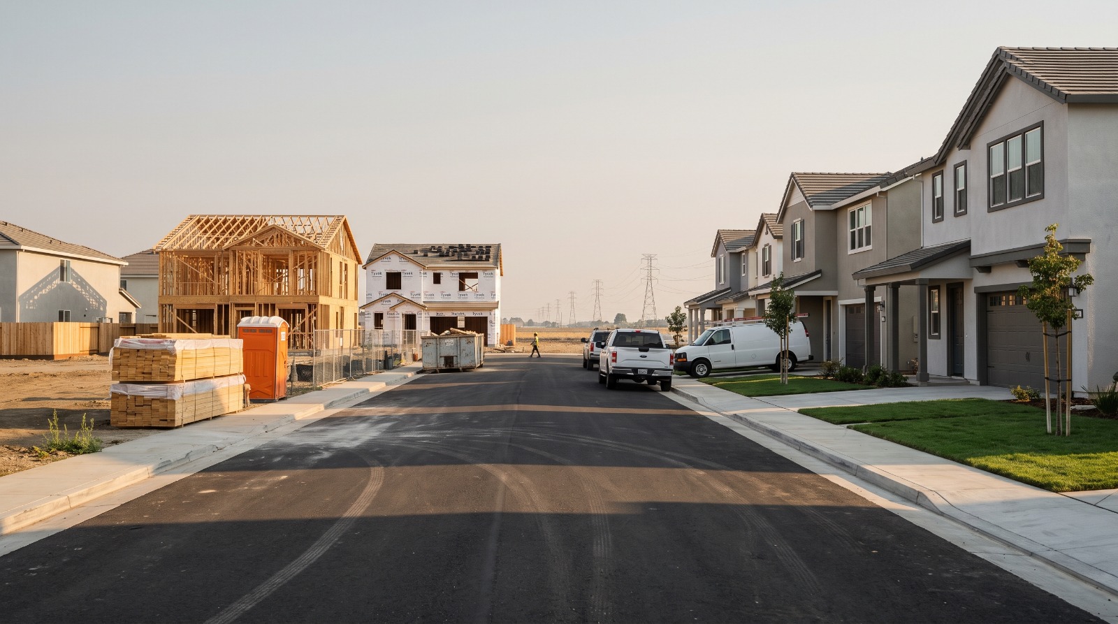 AI-rendered photo of a new-home street in North Natomas, Sacramento, with finished two-story houses beside homes under construction at golden hour