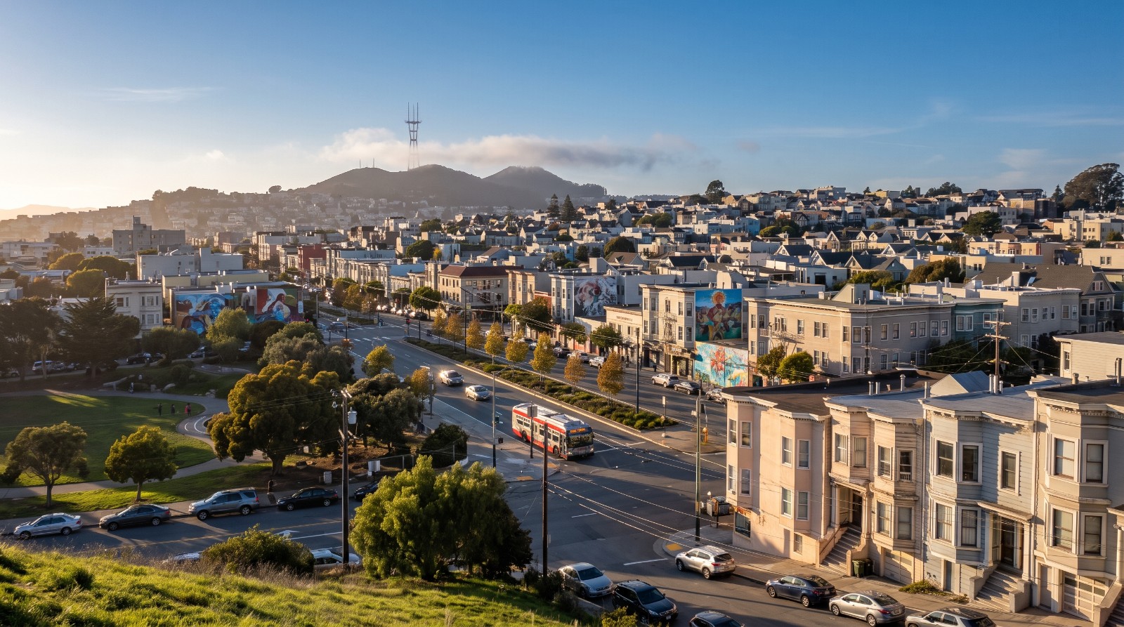 Cesar Chavez Street in San Francisco seen from Bernal Heights, with Precita Park, Mission murals and Twin Peaks behind, ahead of its new name.