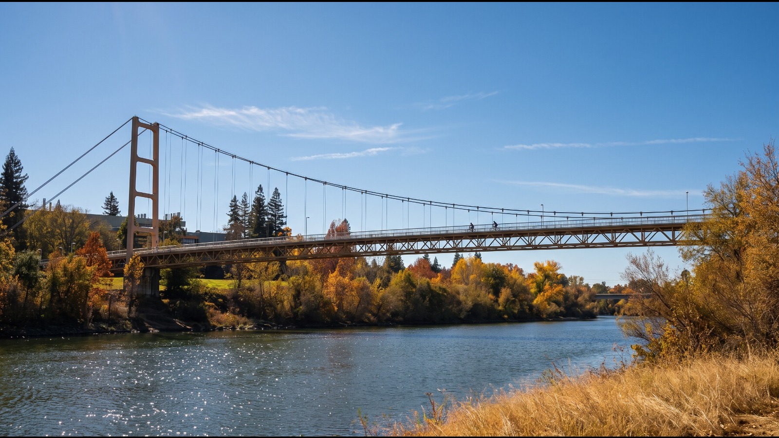 Guy West Bridge over the American River in Sacramento in midday sun, with two small riders crossing the trail bridge