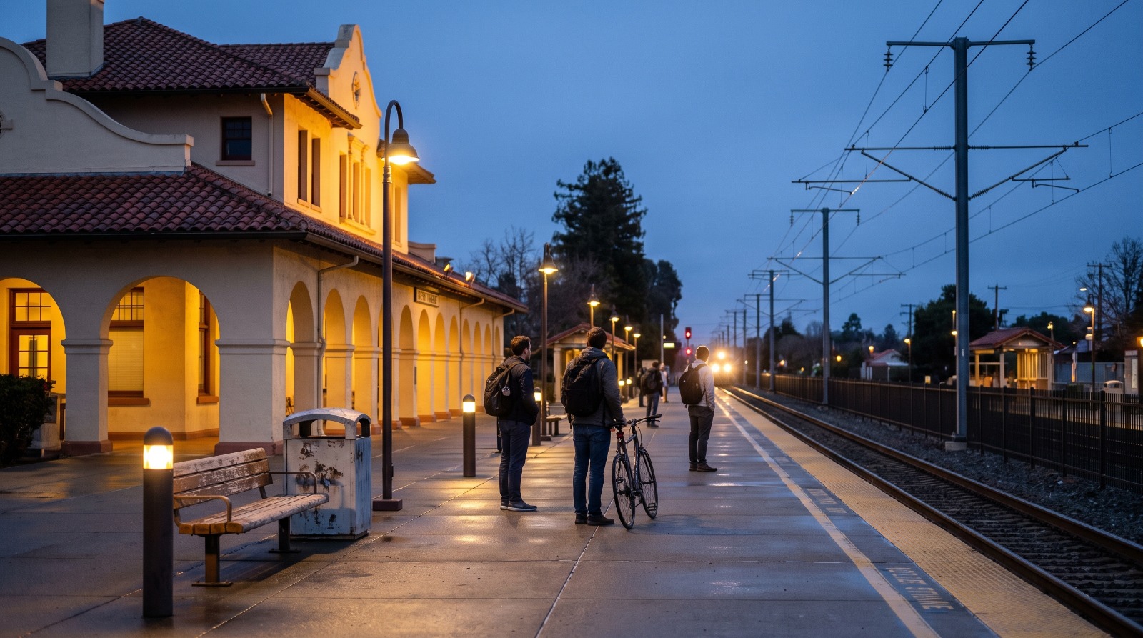Commuters waiting on the platform at Burlingame Caltrain station at dusk, where a new Caltrain code of conduct takes effect in October 2026.