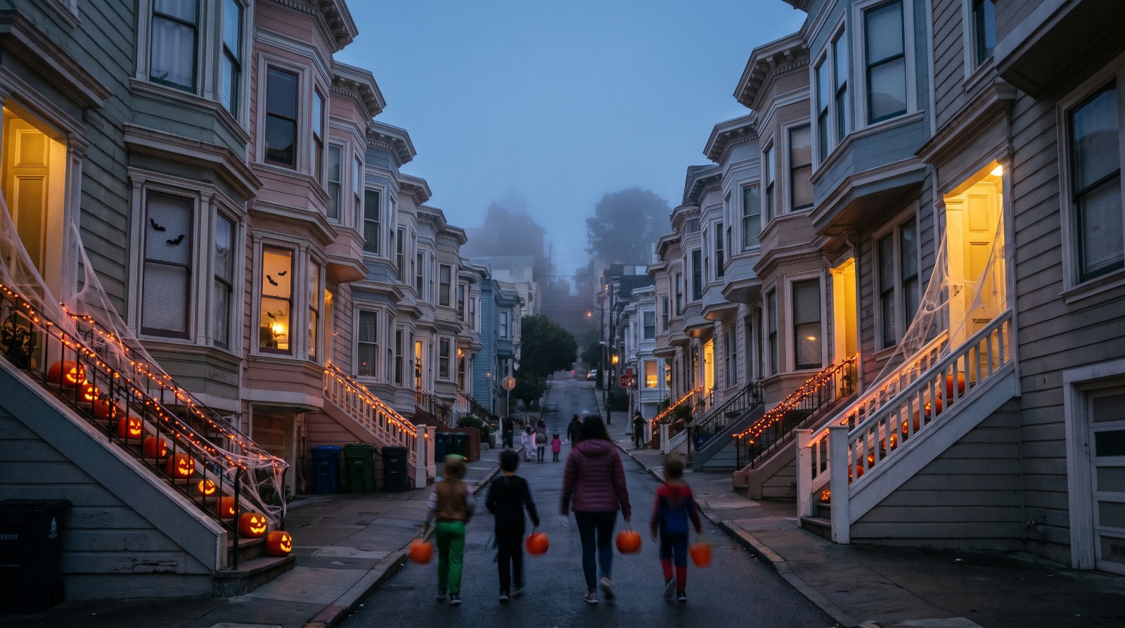 Halloween trick-or-treaters walking up a San Francisco street of Victorian houses with glowing jack-o'-lanterns, one of the best Bay Area trick-or-treat neighborhoods