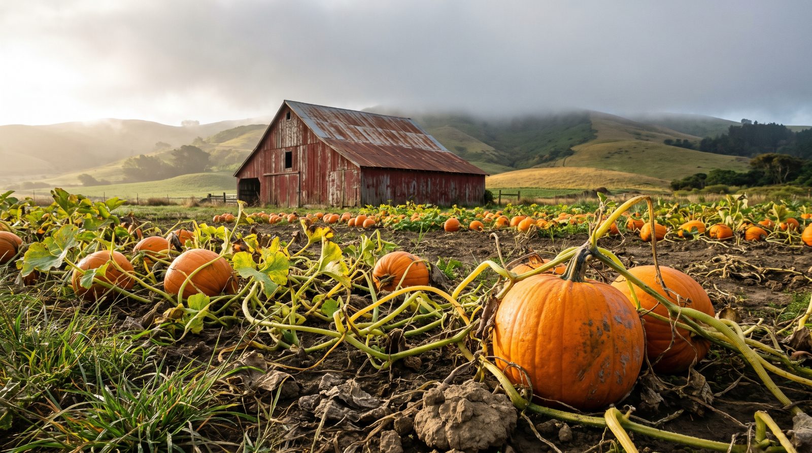 Pumpkin patch near Half Moon Bay with a red barn and morning fog over the coastal hills along Highway 92