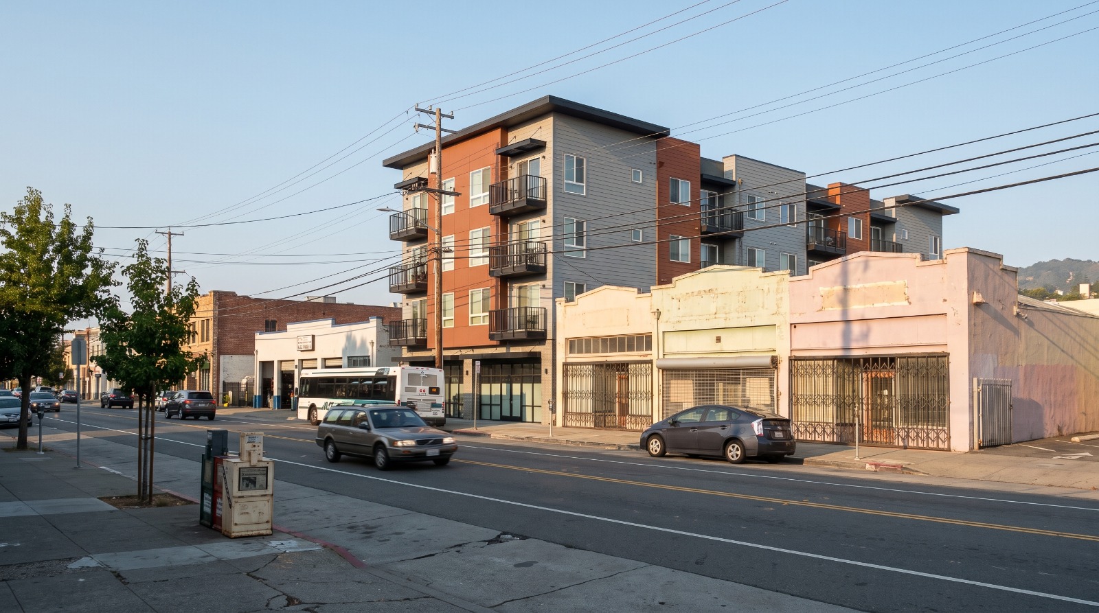San Pablo Avenue in West Berkeley, where one-story storefronts sit beside a newer five-story apartment building covered by the specific plan.
