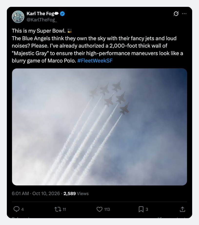 Screenshot of a Karl the Fog parody post on X threatening to cover the Blue Angels in fog during Fleet Week