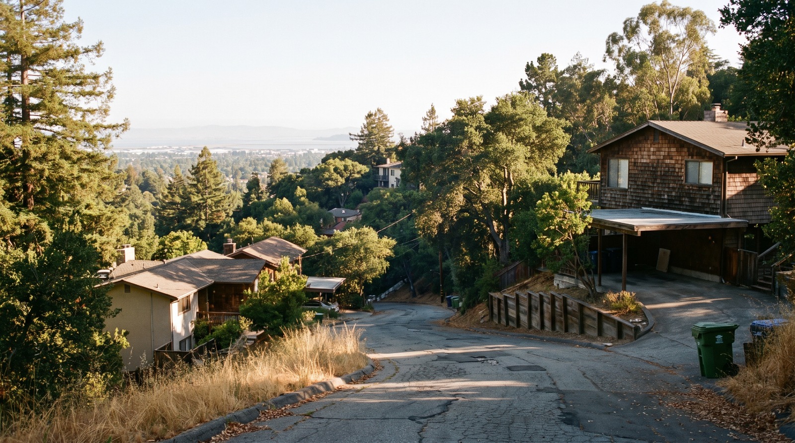 Homes on wooded Oakland hills slopes in Montclair, a Bay Area wildfire zone affected by the Farmers Insurance rate change.