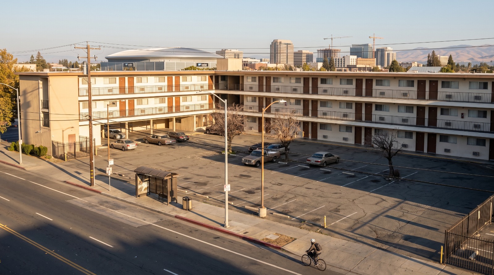 The Arena Hotel on The Alameda in San Jose, a three-story motor hotel beside the parking lot slated for new homes.