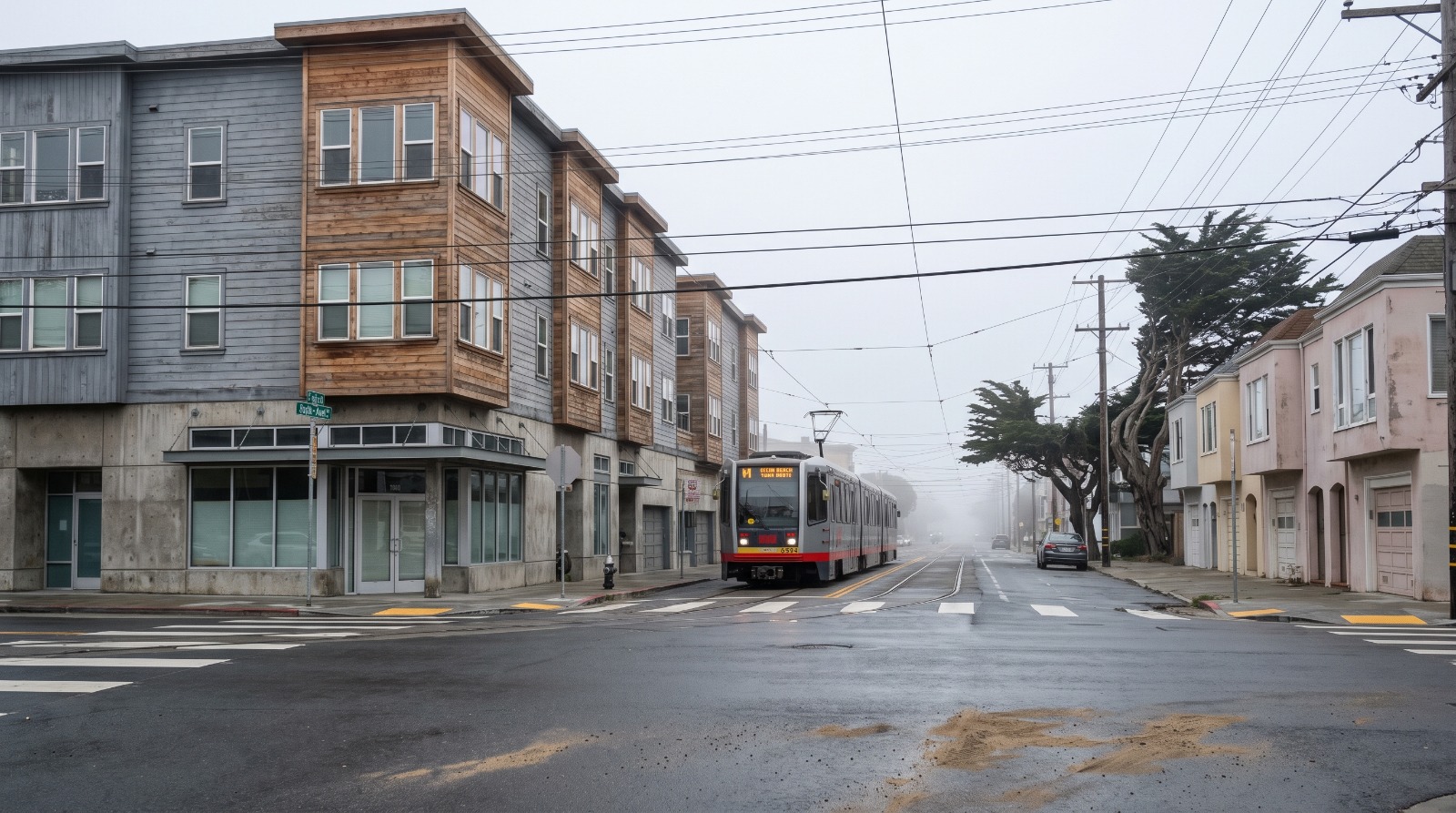 New five-story apartment building at 3945 Judah Street in the Outer Sunset with an N-Judah train passing in the fog