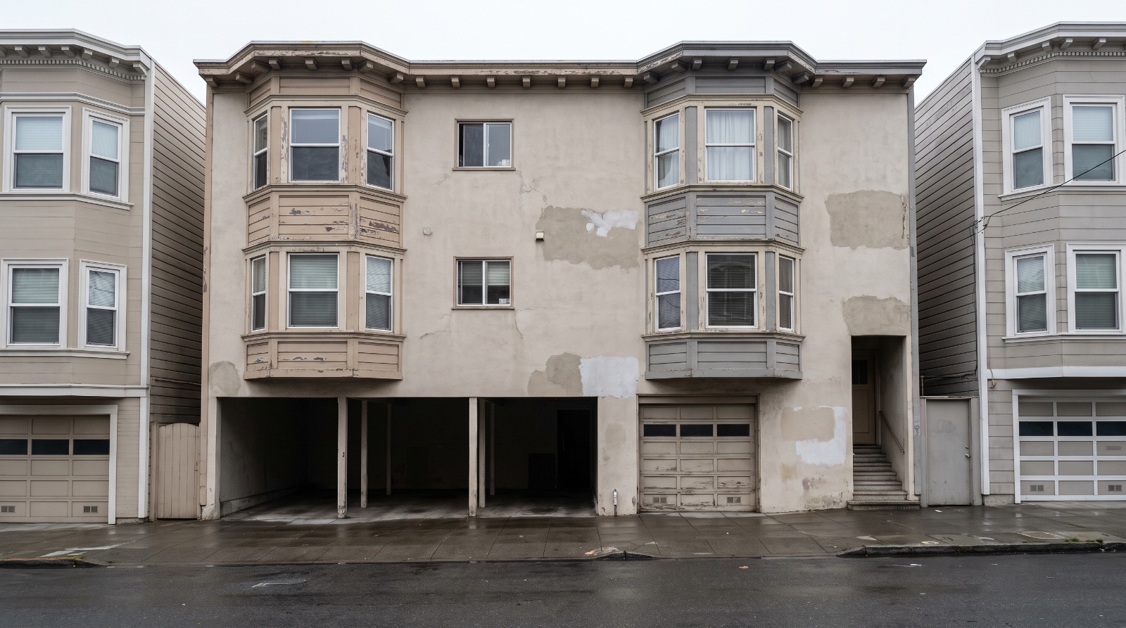 A three-story wood-frame San Francisco apartment building with open tuck-under parking across its entire ground floor