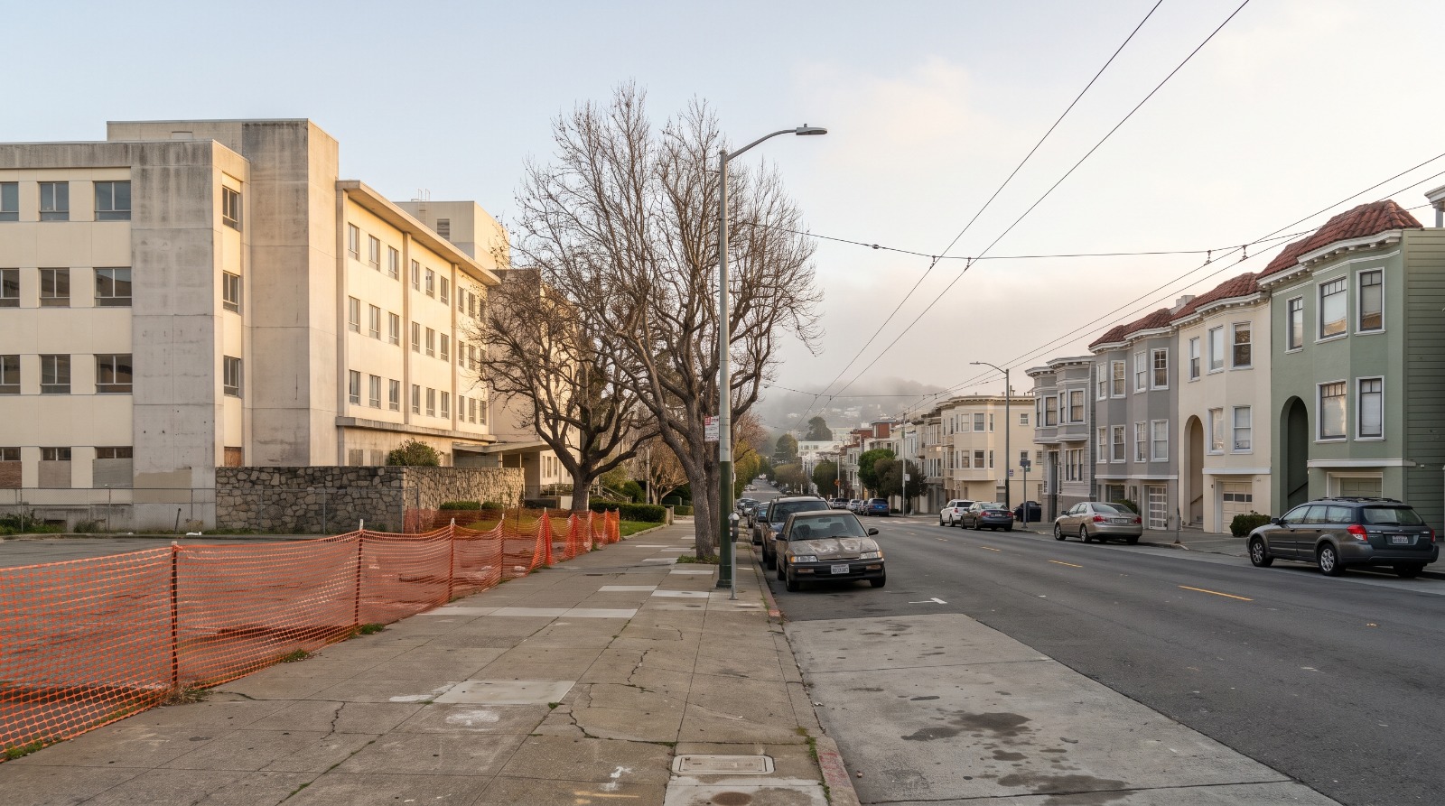 The former CPMC California campus at 3700 California Street in Presidio Heights, San Francisco, seen from the sidewalk