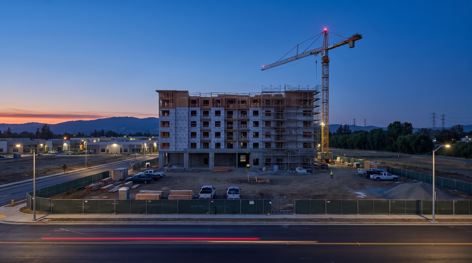 AI-rendered apartment building under construction with a tower crane at blue hour in North San Jose, illustrative of Coyote Creek Village