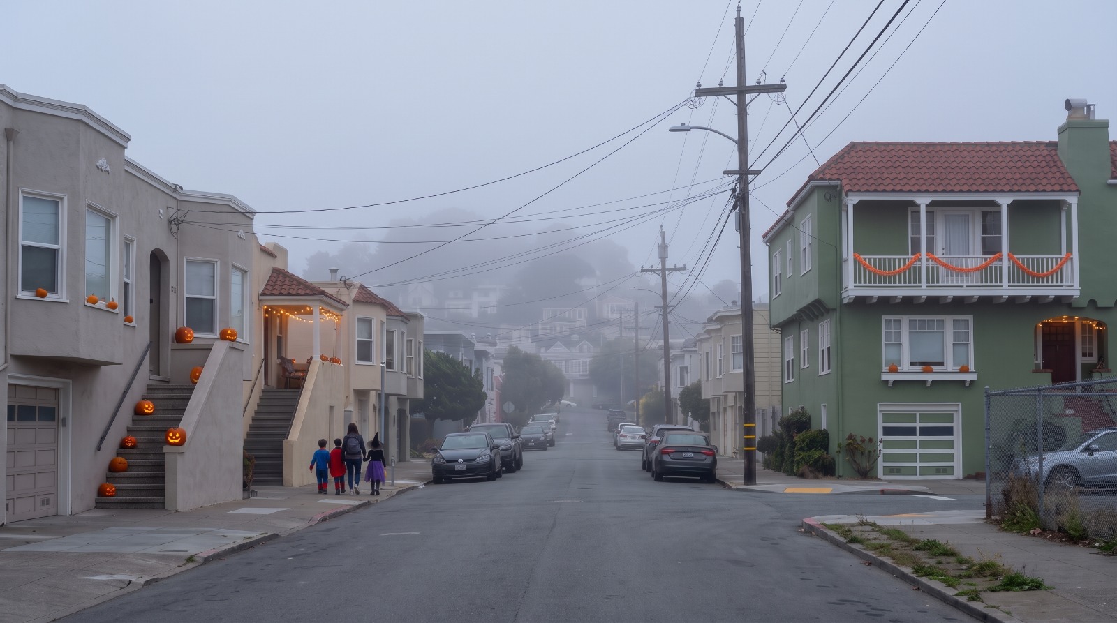 AI-rendered view of Hearst Avenue in Sunnyside, San Francisco, on Halloween afternoon under the marine layer, with jack-o'-lanterns on the stoops and small trick-or-treaters on the sidewalk