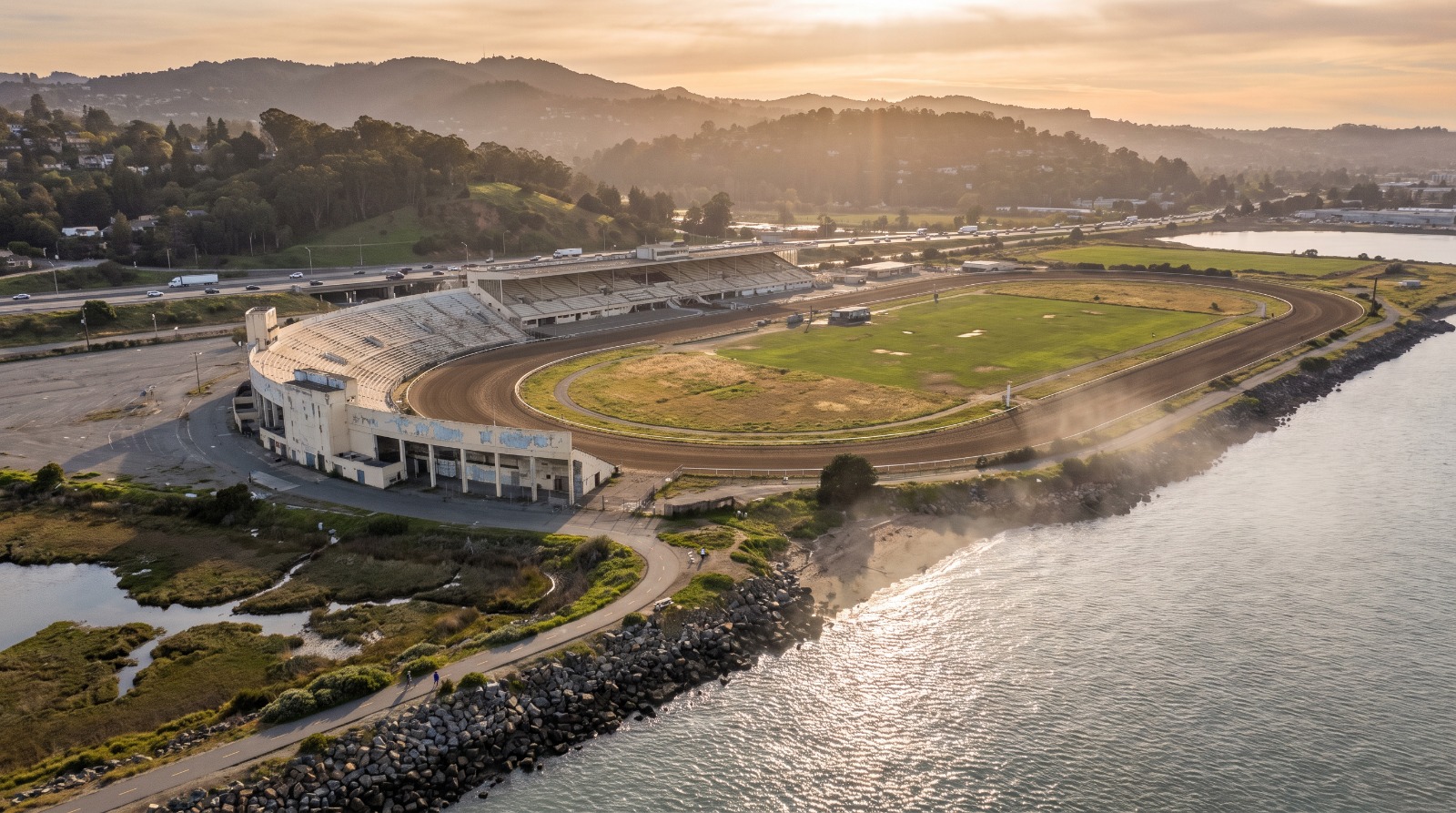 The former Golden Gate Fields racetrack on the Albany and Berkeley bay shoreline, the site of a planned 161-acre public park.