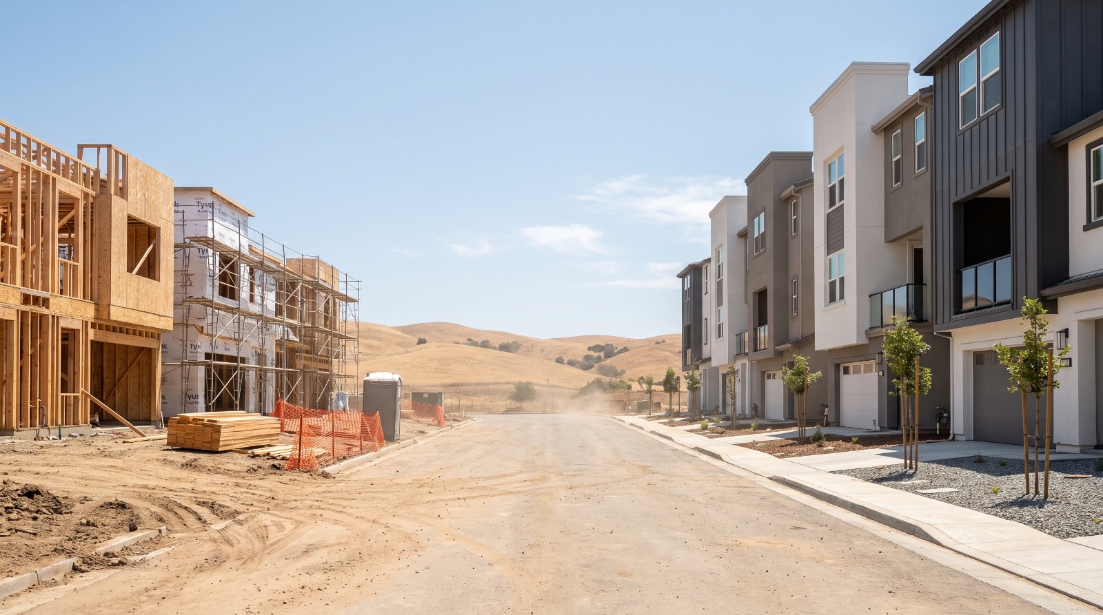New three-story townhomes finished and under construction in an eastern Contra Costa County subdivision, the kind of home California Proposition 37 would finance.