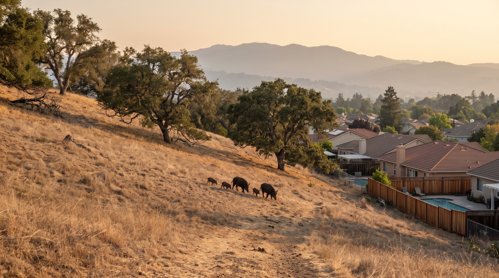 Feral pigs on the golden foothills above an Almaden Valley neighborhood in San Jose, where wild pigs raid backyard lawns.