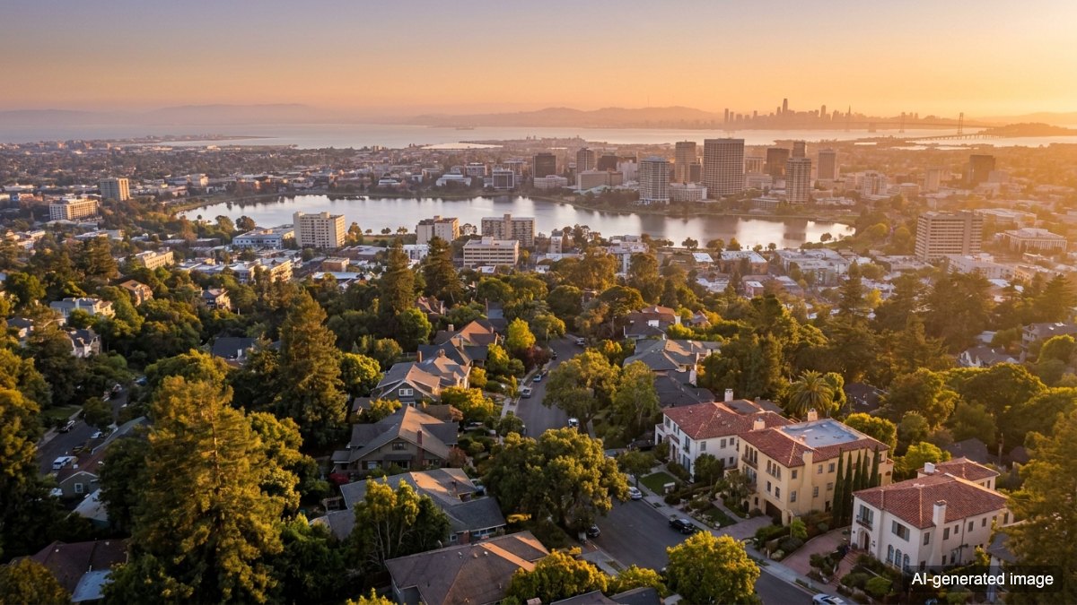 Golden-hour view over Oakland, California neighborhoods from the hills, with Lake Merritt, the downtown skyline, and San Francisco Bay in the distance.