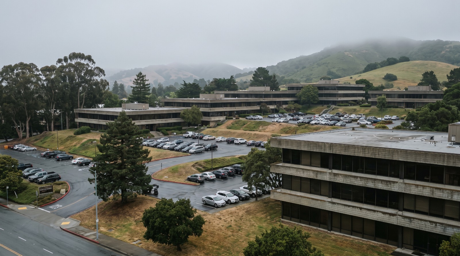 AI-rendered view of the 1973 office campus at Clearview Way in the San Mateo hills under coastal fog