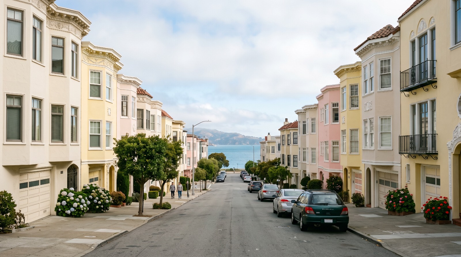 Pastel 1920s homes on a flat Marina District street in San Francisco, an area the state hazard maps place on artificial fill.