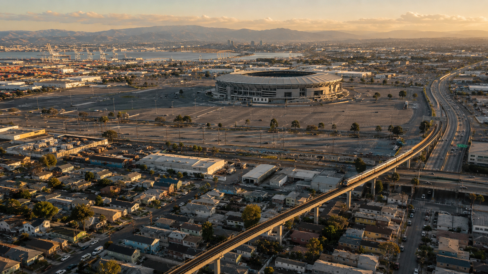 A wide view of the Oakland Coliseum site and the surrounding East Oakland neighborhood at the center of a $5 billion sale and redevelopment plan.