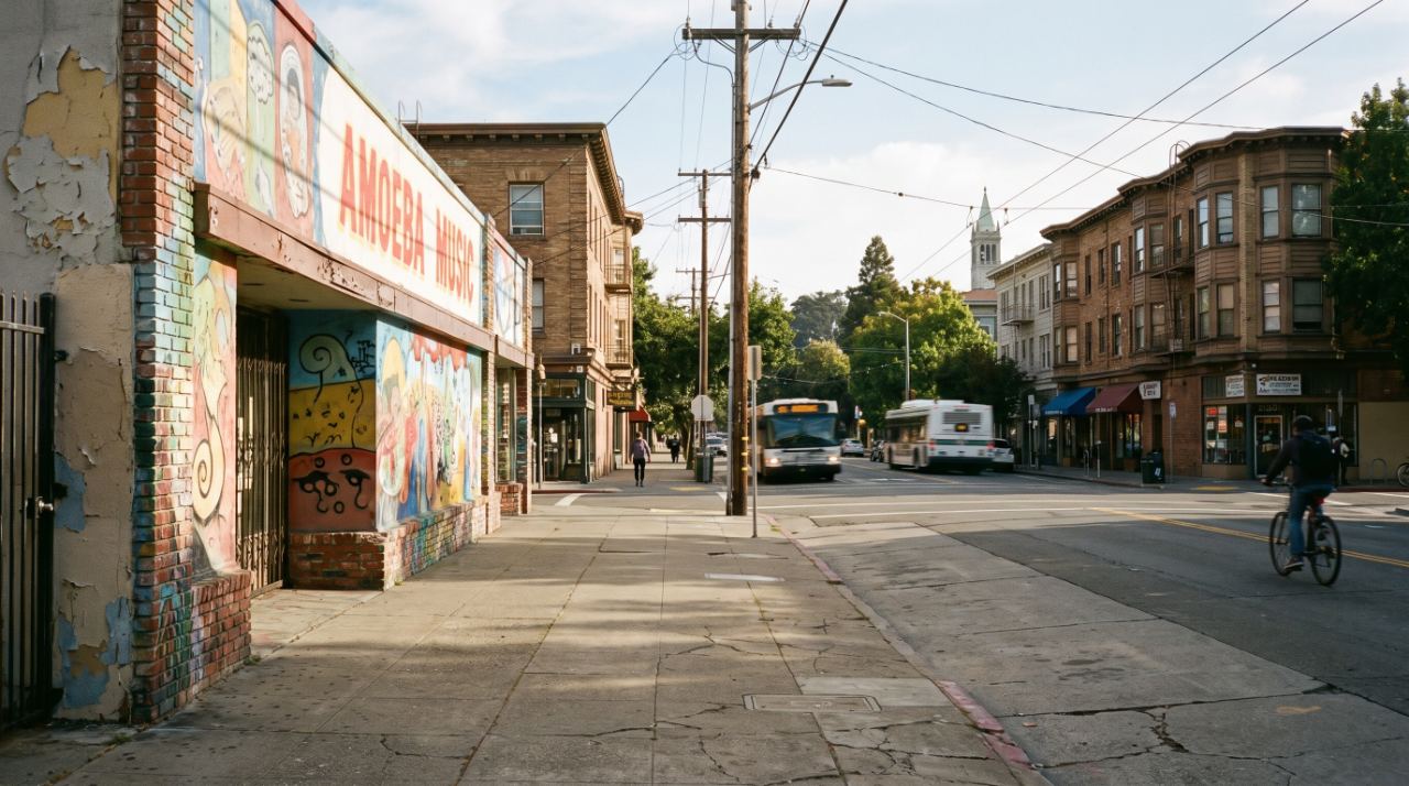 Amoeba Music block on Telegraph Avenue in Southside Berkeley, looking toward campus, where 68 apartments are proposed