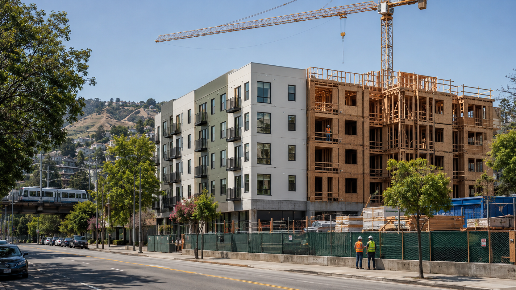 A mid-rise affordable apartment building under construction in a Bay Area neighborhood, illustrating California's 2026 housing bond.
