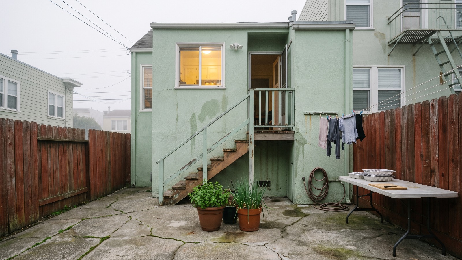 Back stairs and small concrete yard behind a stucco row house in San Francisco's Outer Sunset, the kind of home kitchen a MEHKO permit would cover.